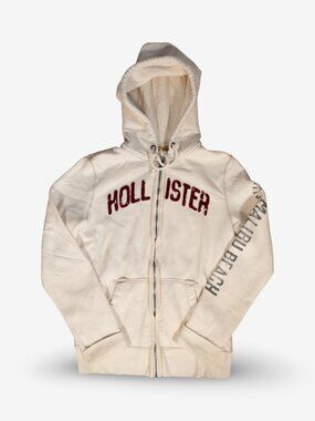 Y2K Hollister Embroidered Cream Zip-Up Hoodie